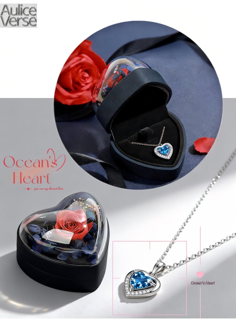 أوليس فيرس  هدية عيد الحب: صندوق ورد معالج على شكل قلب أكريليك مع مجموعة قلادة قلب المحيط من فولاذ التيتانيوم المزين بالزيركون الكريستالي – هدية مجوهرات رومانسية لها - Image 1